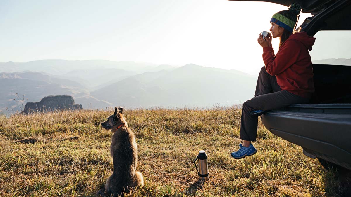 A Female Endurance Athlete Taking A Break From Training Young Woman Drinks Coffee Sitting In Back Of Car In The Mountains With Dog