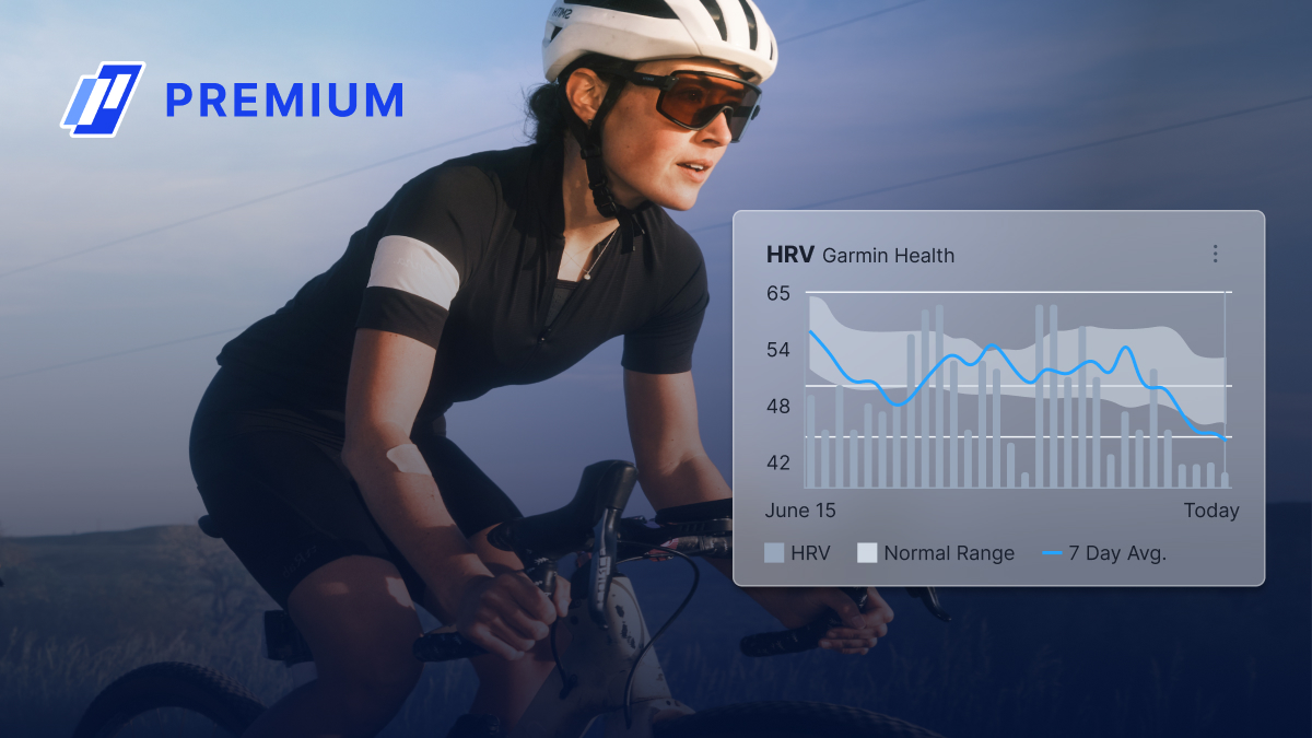 Trainingpeaks Premium Image Of A Woman Cycling At Dusk With A Graphic Overlay Of Trainingpeaks Premium Health Metrics